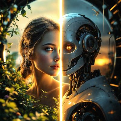 The primary subject of the image is a woman with a robot face. She is standing in front of a robot, which is the main object of the scene. The setting is a garden, with a tree visible in the background. The visual style of the image is digital art, as it appears to be a computer-generated or digitally edited image. The colors and mood of the image are vibrant and futuristic, with the woman and the robot having a metallic and technological appearance.